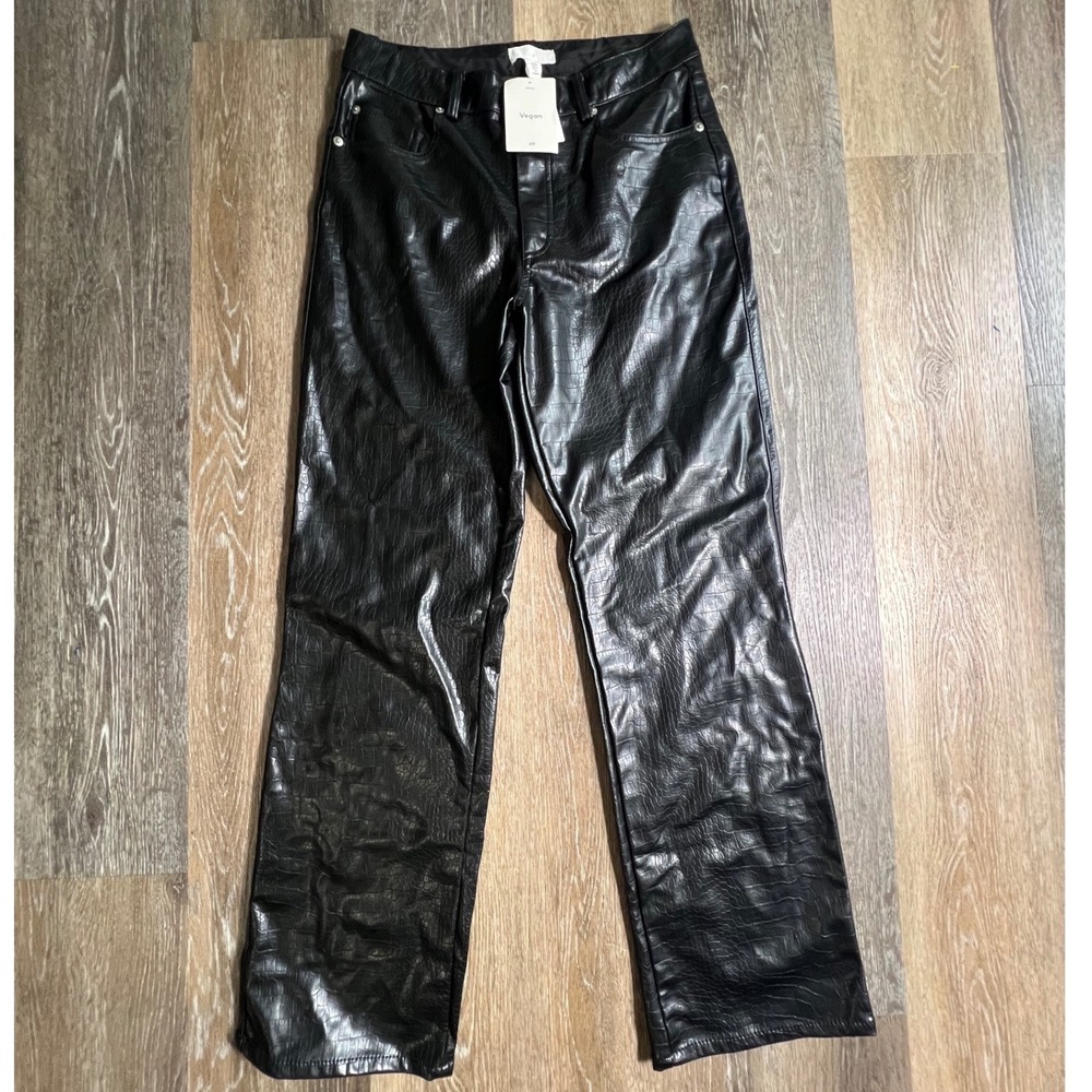 H&M Faux Leather Pants Womens Size 10 Black Croc Embossed Vegan Straight Leg